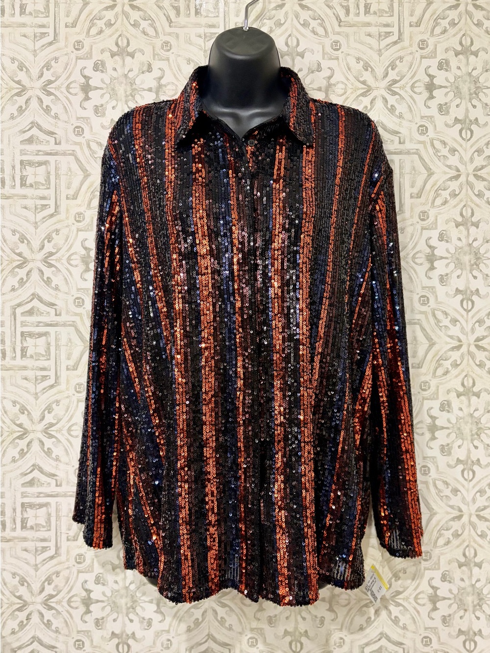 Zara The Abbey Sequined Striped Button-Down Shirt in Black and Copper, SZ S NWOT - Picture 2 of 7